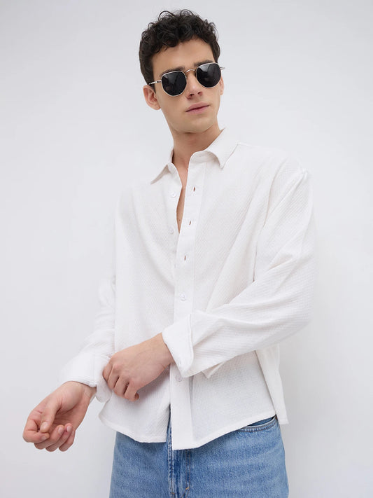 Frost White Diamond Textured Boxy Fit Crop Shirt