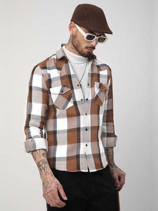 Brown & White Heavy Twill Jacquard Double Pocket Shirt