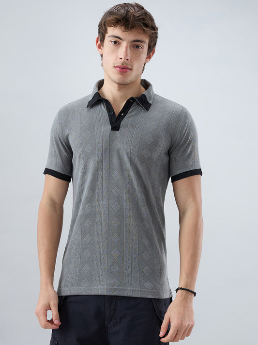 Zinc Grey Contrast Polo Neck Diamond Weave Knit T-shirt