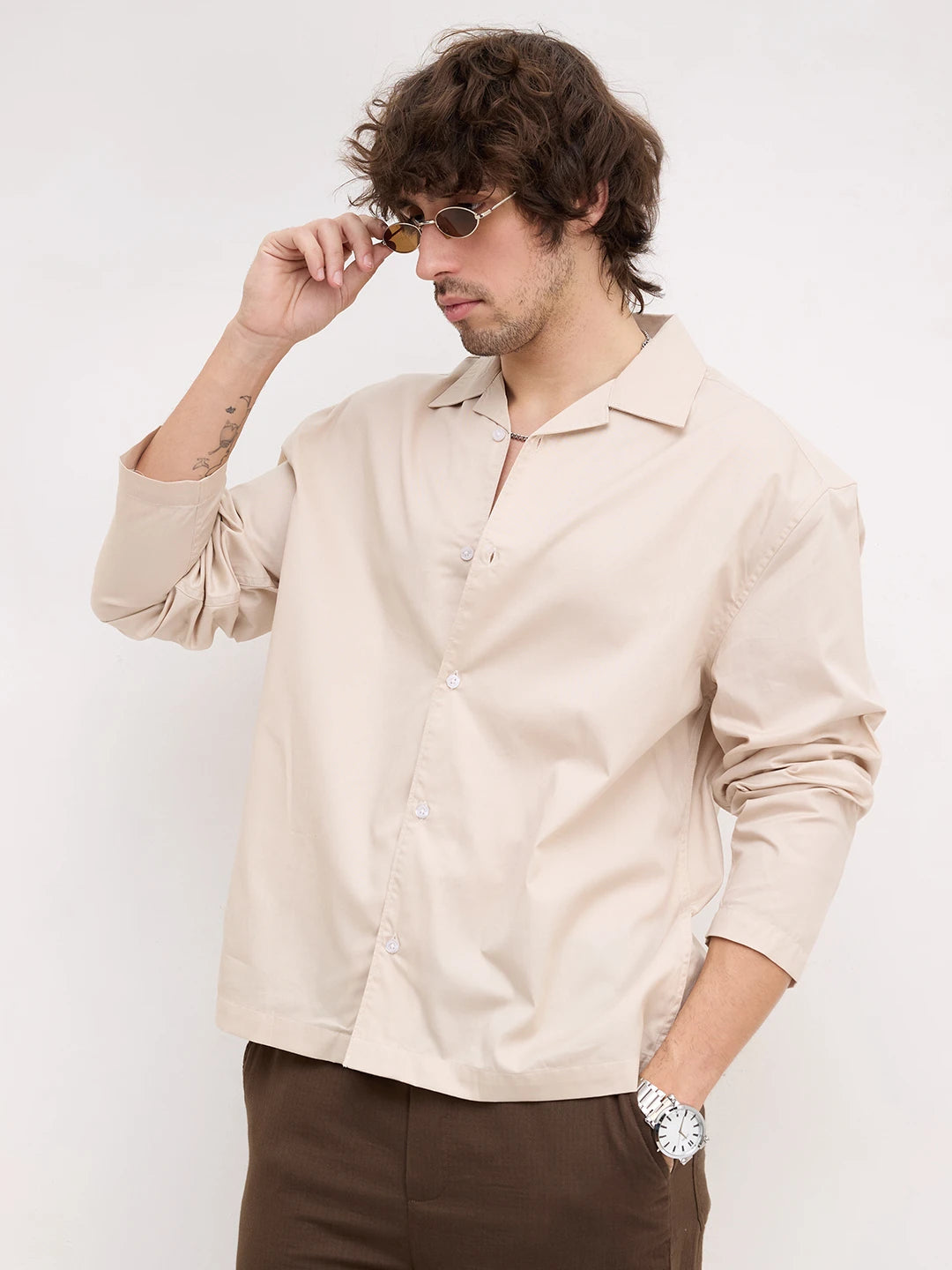 Sand Beige Twill Notch Collar Oversized Shirt