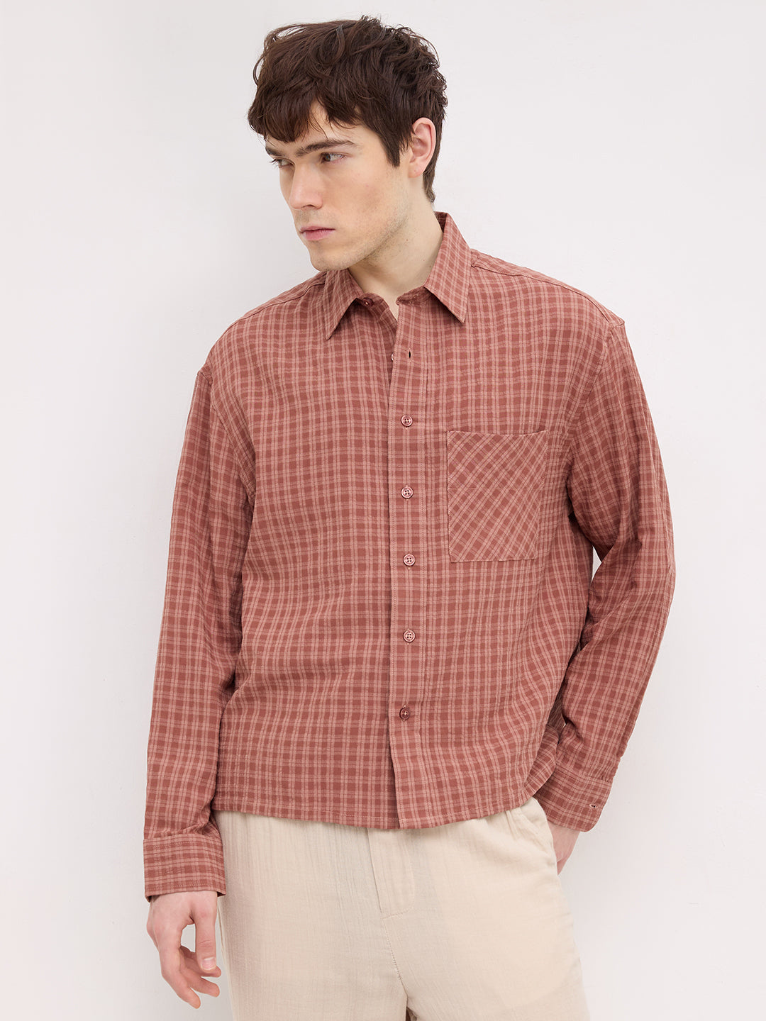 Rustic Brick Brown Atelier Checked Boxy Fit Crop Shirt