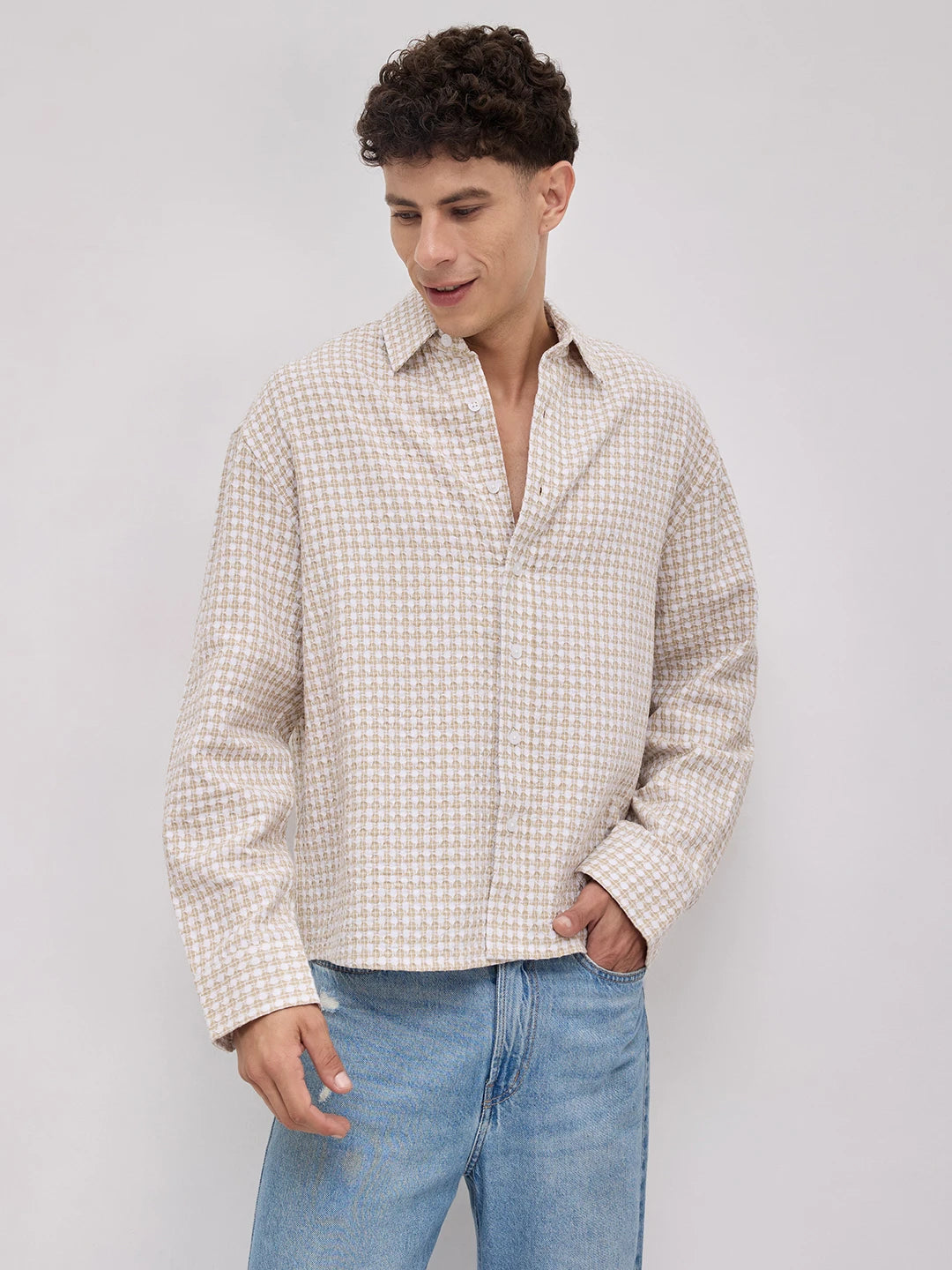 Beige Mosaic Textured Boxy Fit Crop Shirt