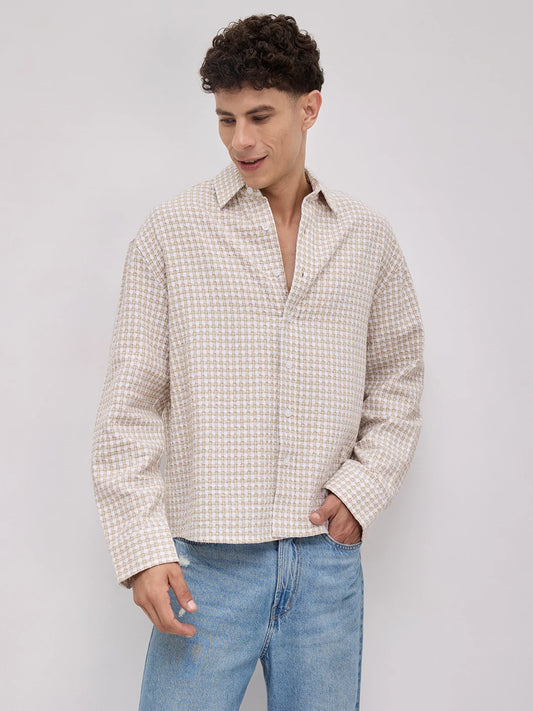 Beige Mosaic Textured Boxy Fit Crop Shirt