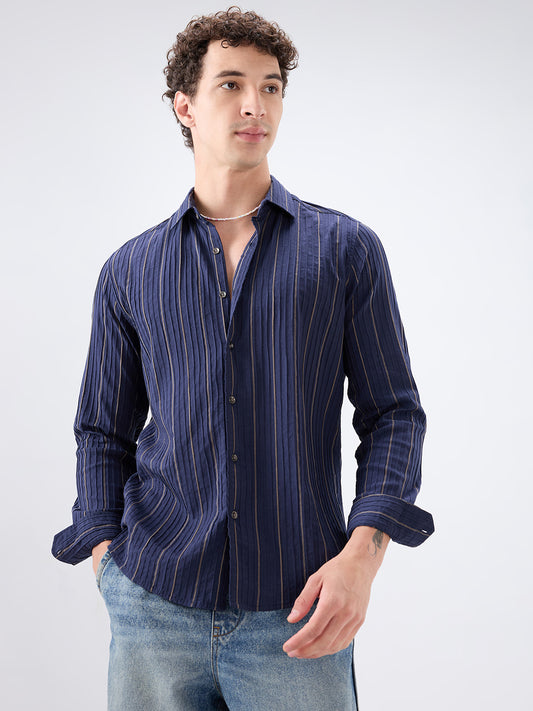 Intricate Navy & Olive Raised Striped Shirt