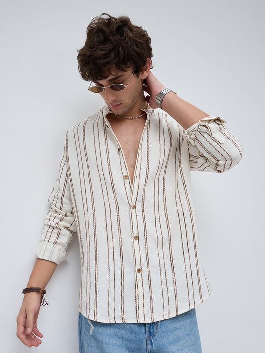 Off White & Brown Embroidered Striped Mandarin Shirt