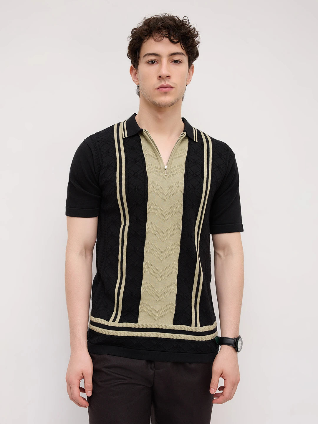 Sage Chevron Panel Zip Flat Knit Polo T-Shirt