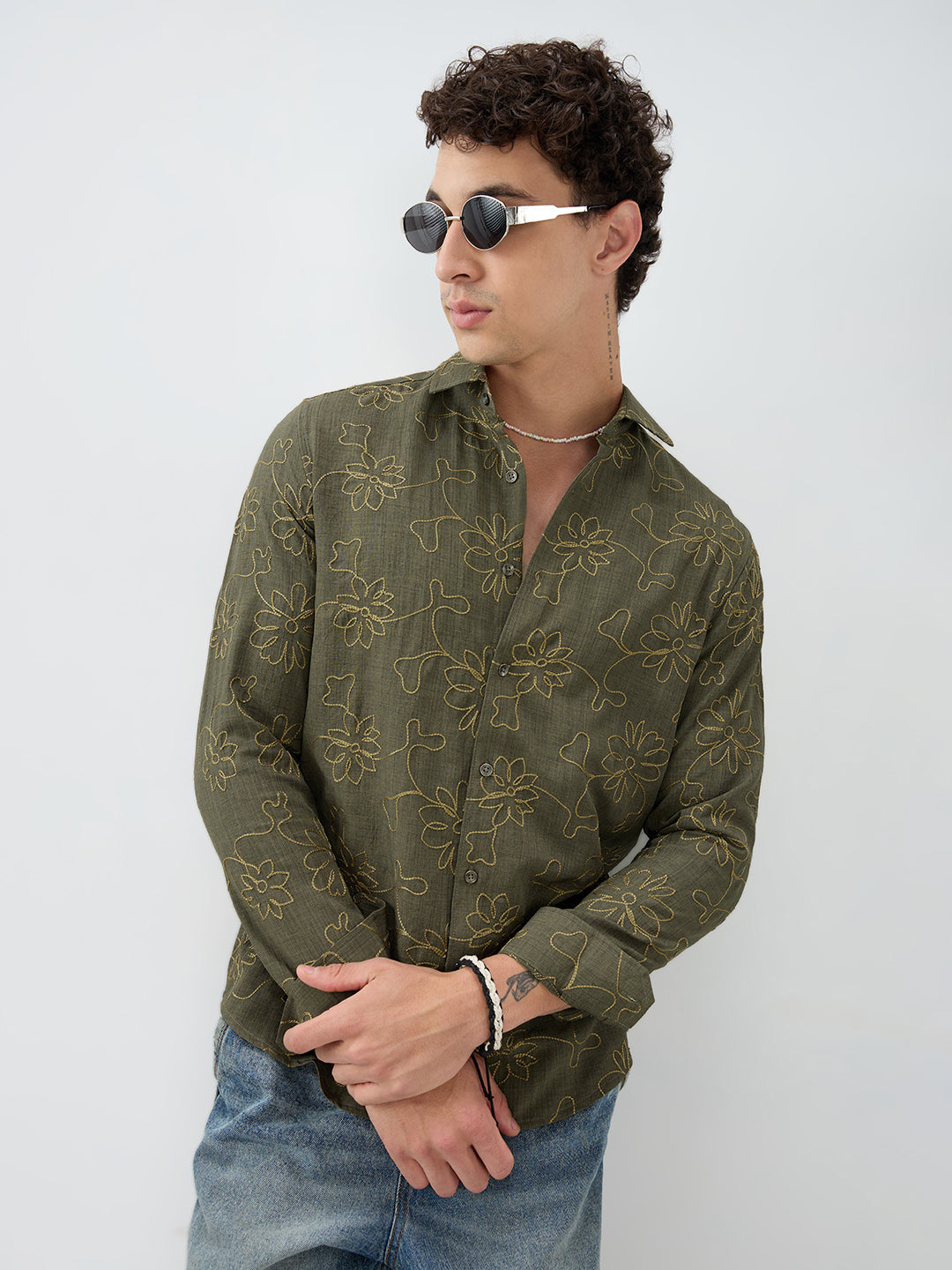 Olive Slub Textured Floral Contrast Embroidered Shirt