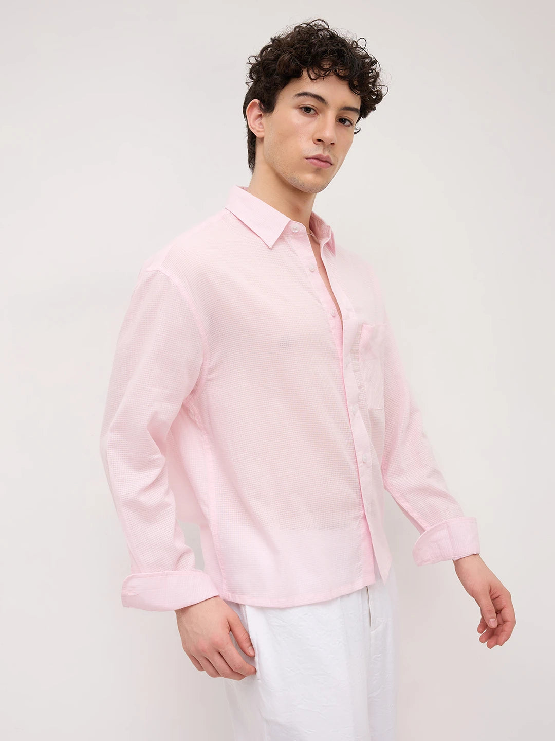 Sheer Blush Pink Gingham Checks Boxy Fit Crop Shirt