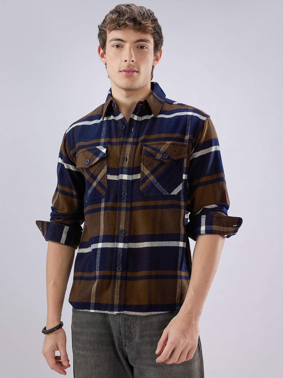 Walnut Brown & Navy Plaid Checks Double Pocket Flannel Shirt