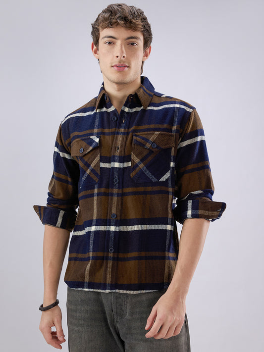 Walnut Brown & Navy Plaid Checks Double Pocket Flannel Shirt