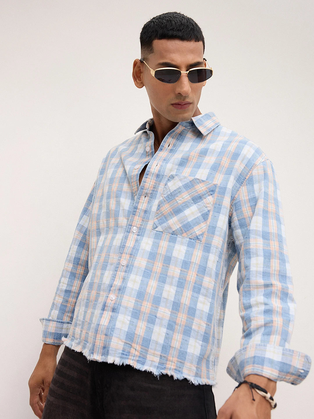 Distressed Hem Denim Blue & Peach Checks Boxy Fit Crop Shirt