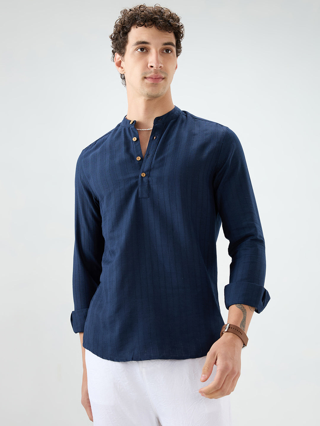 Navy Ladder Striped Subtle Textured Kurta