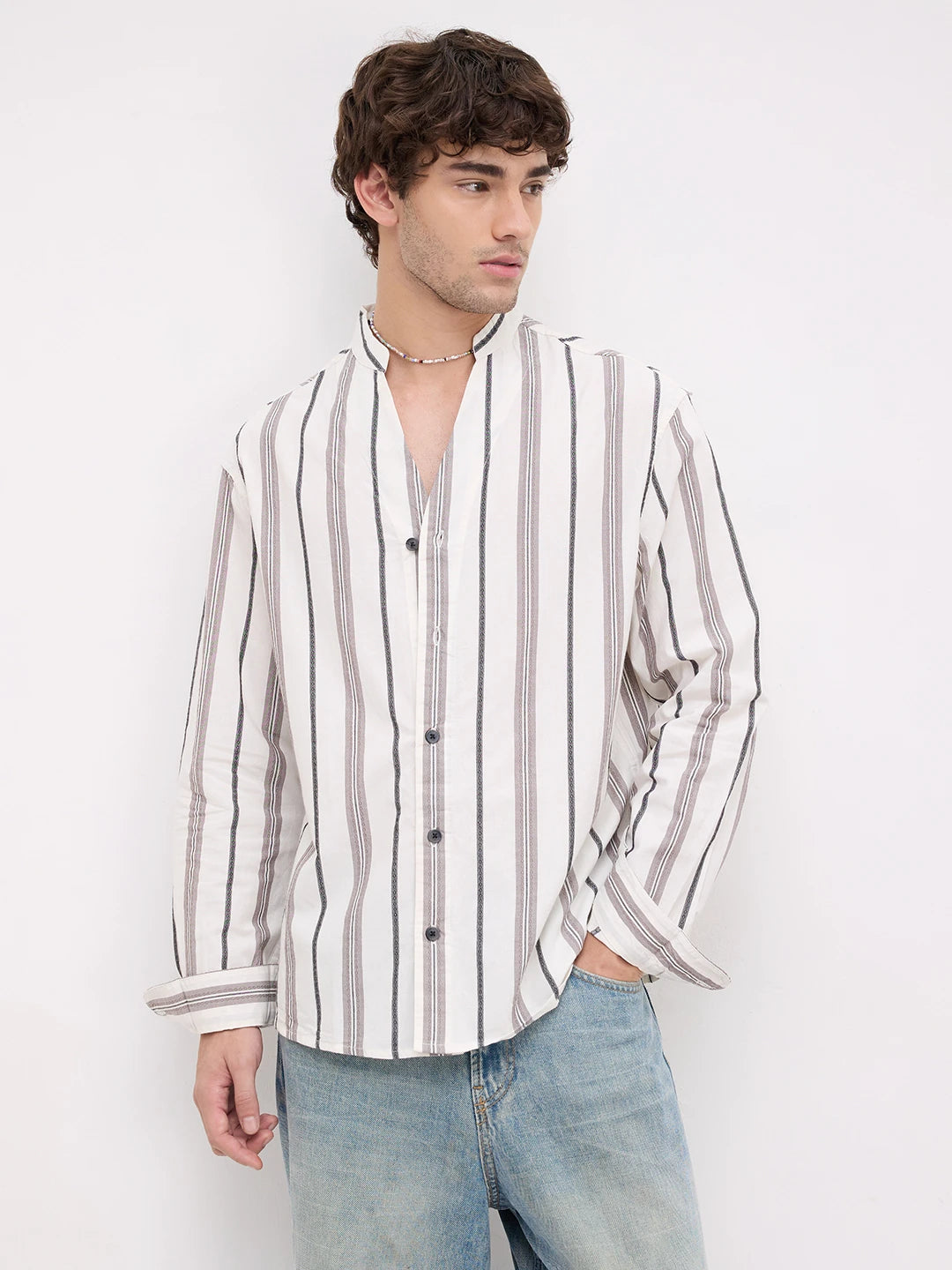 White Intricate Motif Contrast Striped Stand Collar Oversized Shirt