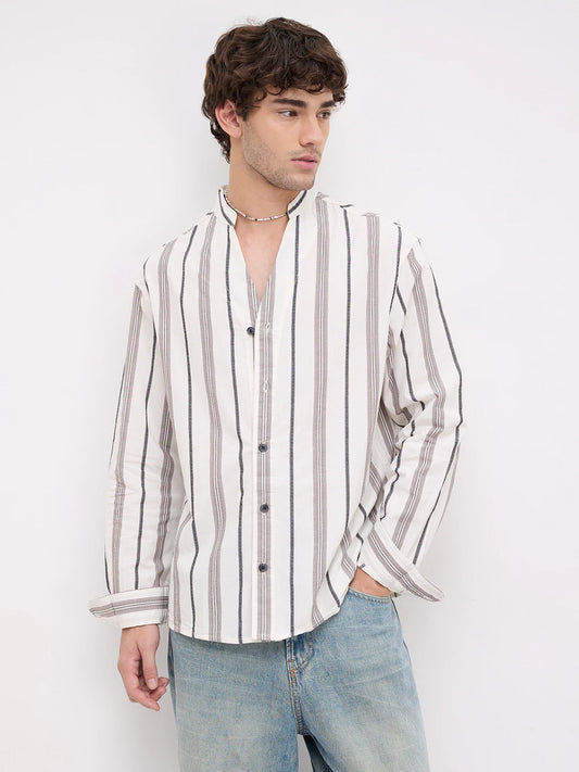 White Intricate Motif Contrast Striped Stand Collar Oversized Shirt