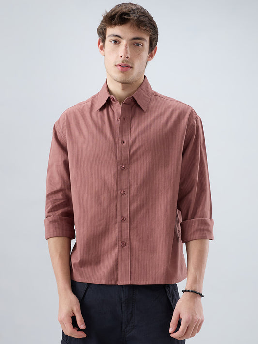 Dusty Brownish Pink Airy Striped Weave Boxy Fit Crop Shirt