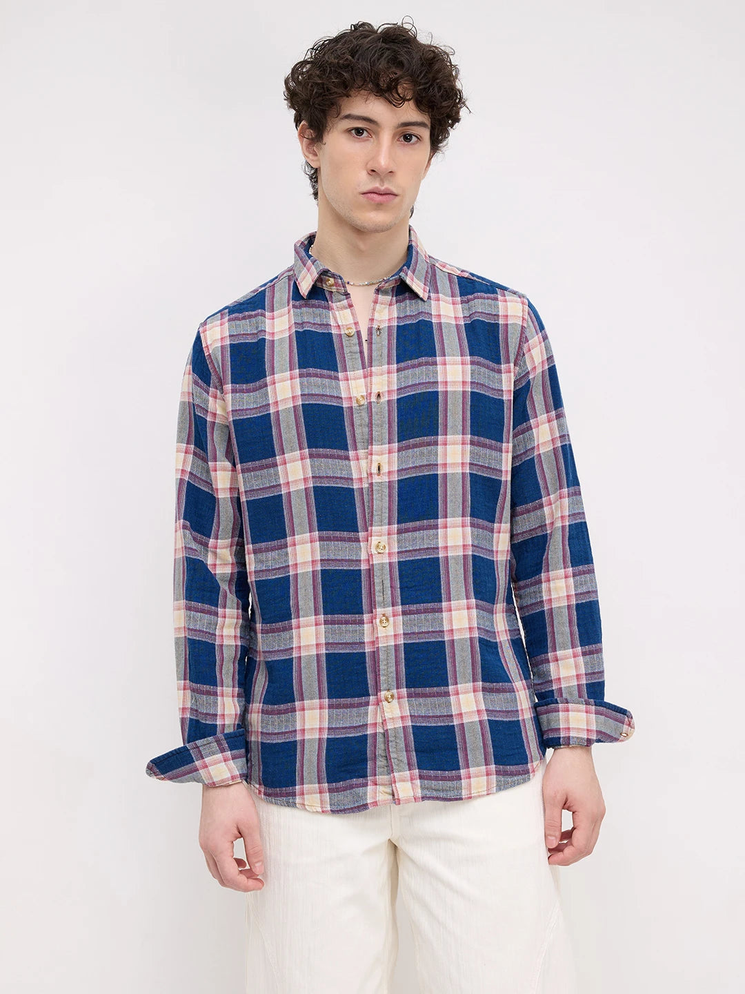 Denim Blue & Red Tartan Checked Shirt