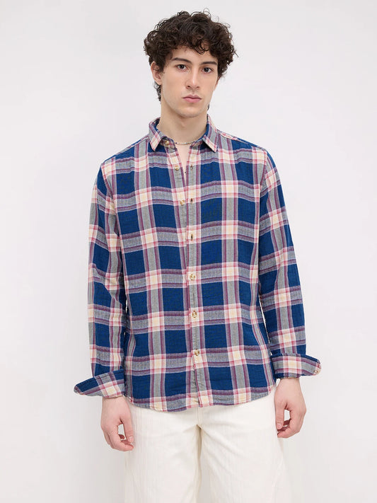Denim Blue & Red Tartan Checked Shirt