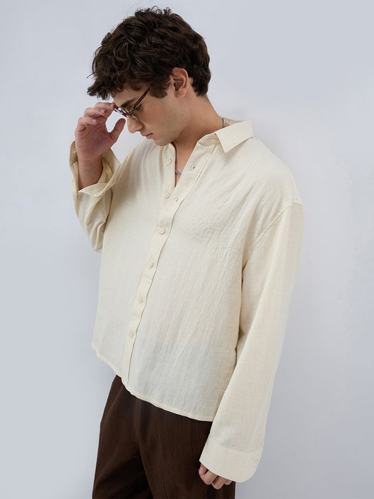 Cream Breeze Minimal Textured Boxy Fit Crop Shirt