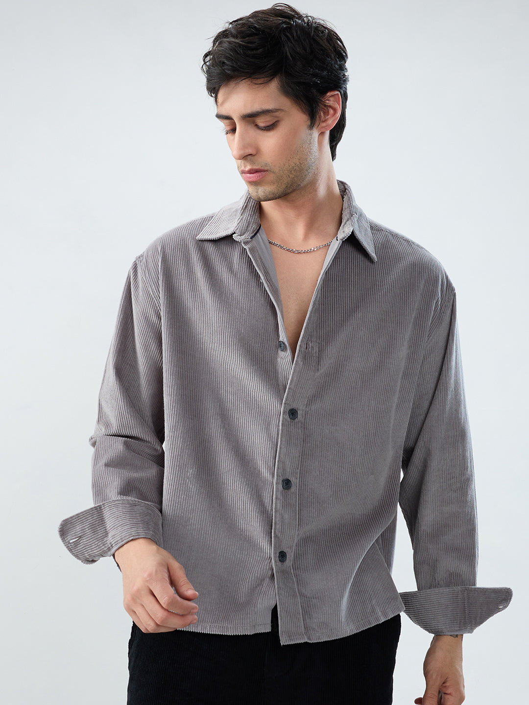 Cloud Grey Corduroy Boxy Fit Crop Shirt