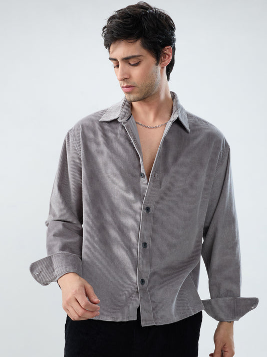 Cloud Grey Corduroy Boxy Fit Crop Shirt