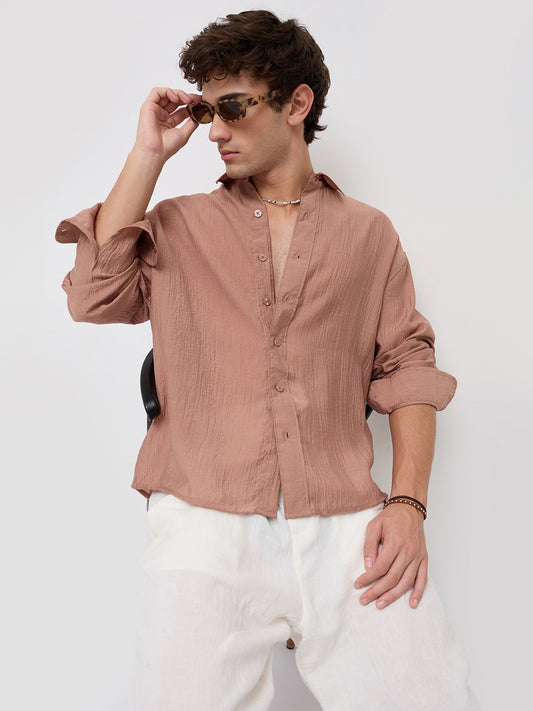 Burnt Clay Sheen Crinkled Boxy Fit Crop Shirt
