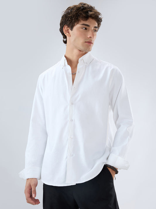 Solid Snow White Oxford Button down Collar Shirt