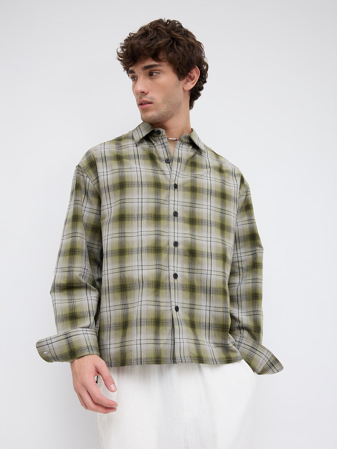 Forest Echo Plaid Checks Boxy Fit Crop Shirt