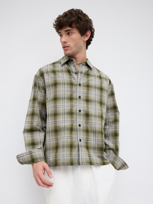Forest Echo Plaid Checks Boxy Fit Crop Shirt