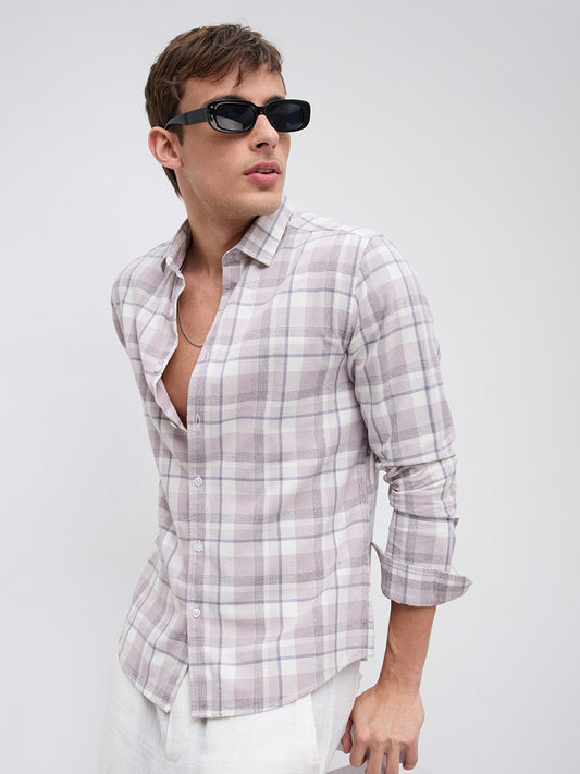 Dusty Pink Micro Herringbone Windowpane Checks Shirt