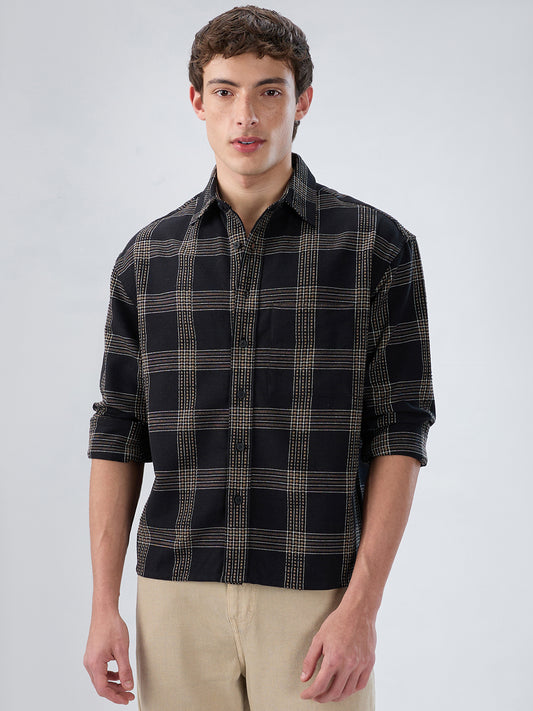 Black & Brown Contrast Panel Checks Boxy Fit Crop Shirt