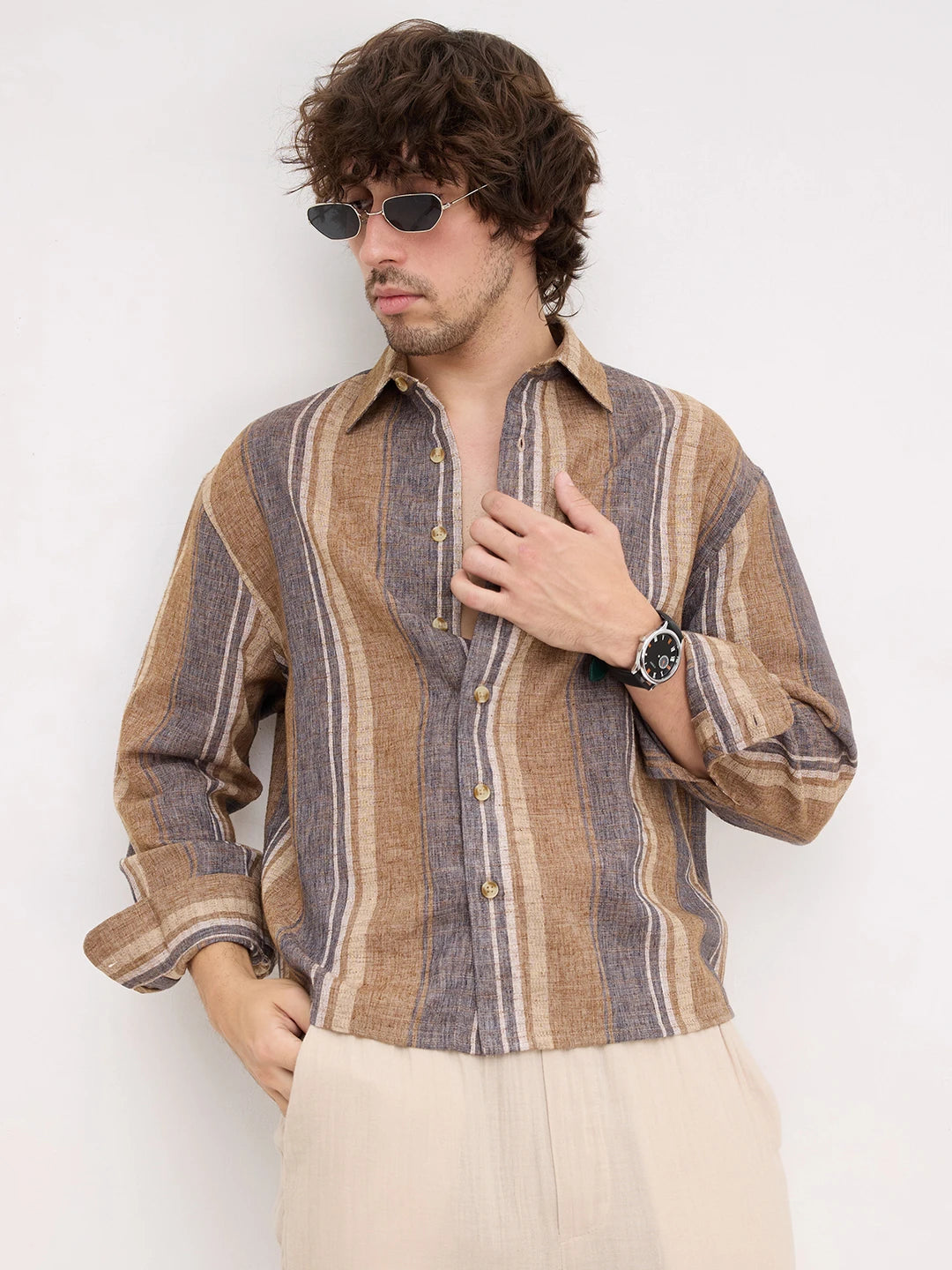 Earthy Brown & Navy Textured Striped Boxy Fit Crop Shirt