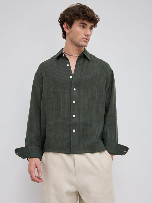 Olive Pin Striped Crinkled Boxy Fit Crop Shirt