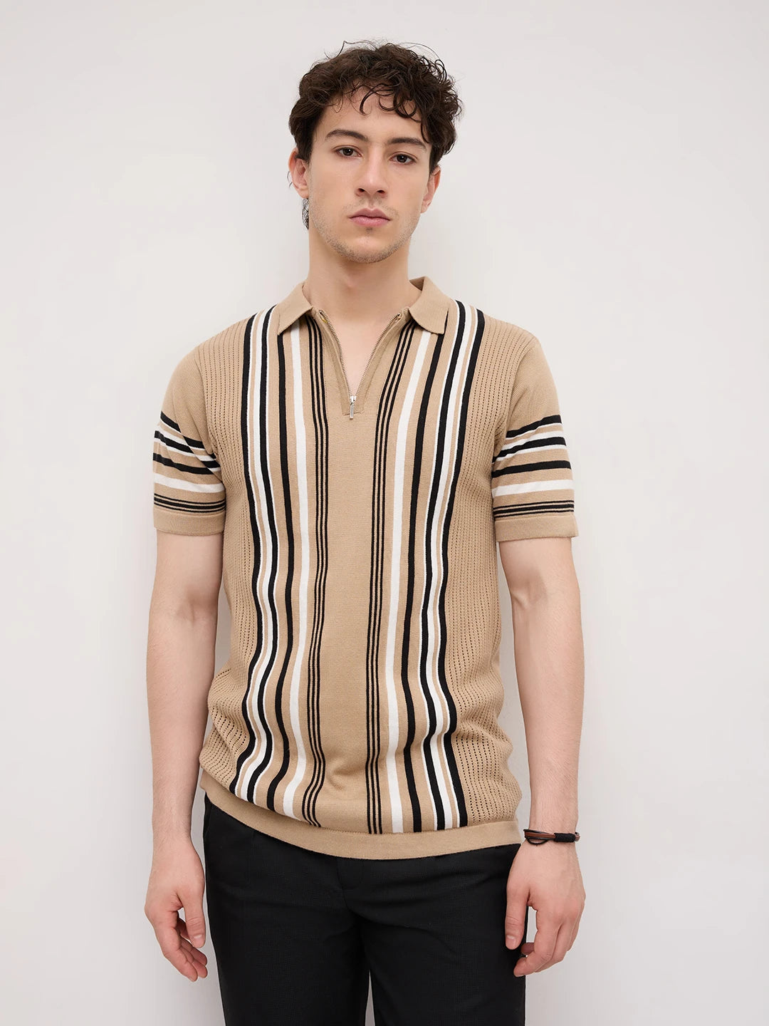 Beige Vertical Striped Flat Knit Zip Polo T-Shirt