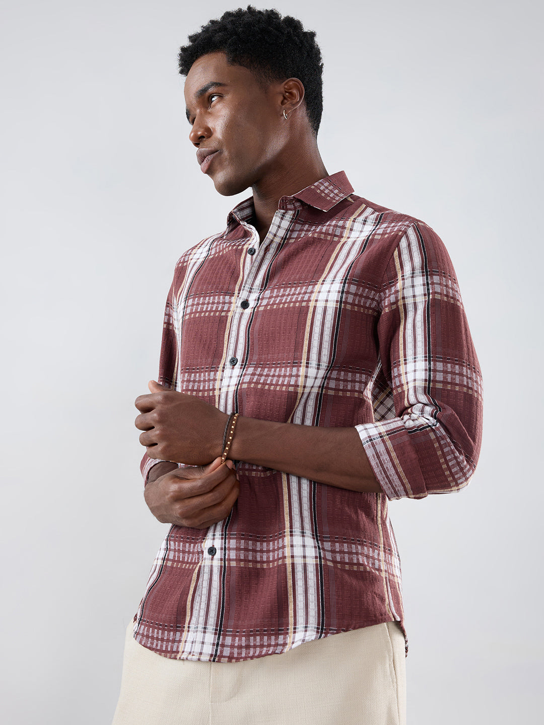 Autumn Brew Soft Textured Checks Maroon Shirt