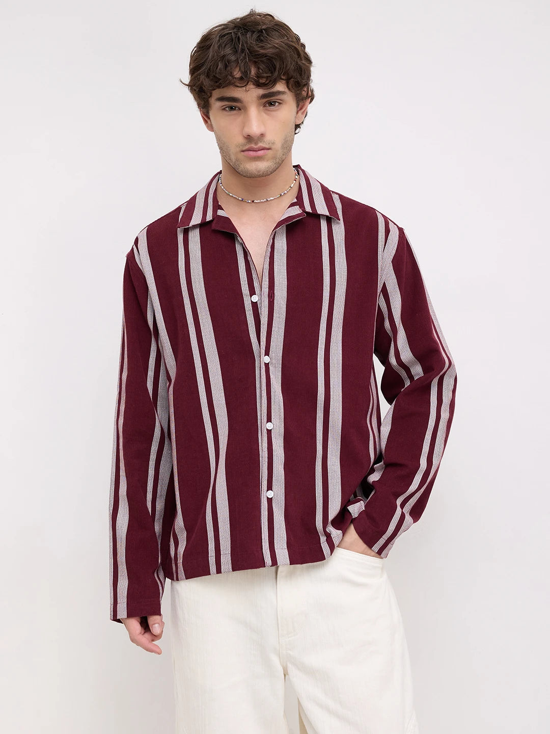 Luxe Maroon Contrast Striped Corduroy Notch Collar Oversized Shirt