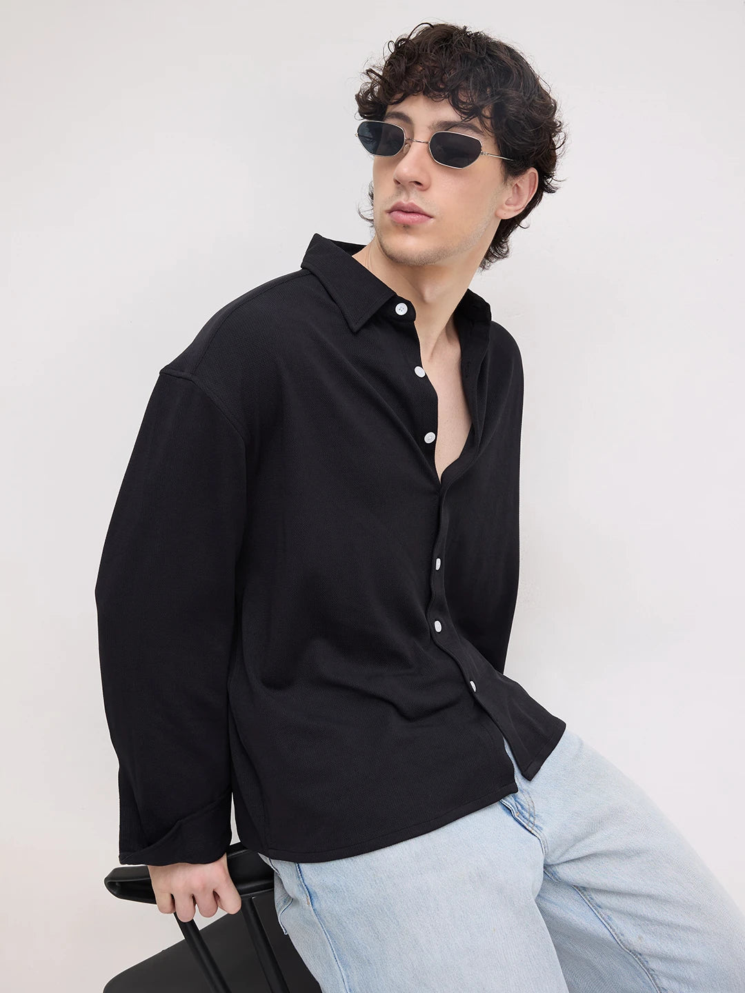 Rich Black Fine Textured Knitted Boxy Fit Crop Shirt