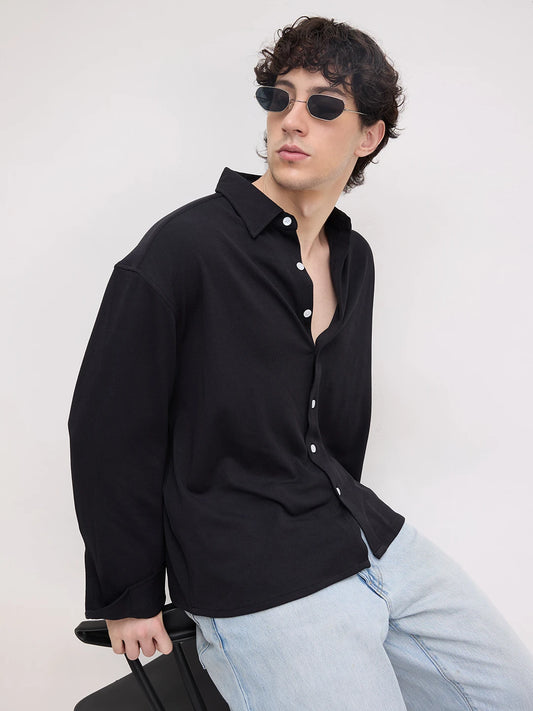 Rich Black Fine Textured Knitted Boxy Fit Crop Shirt