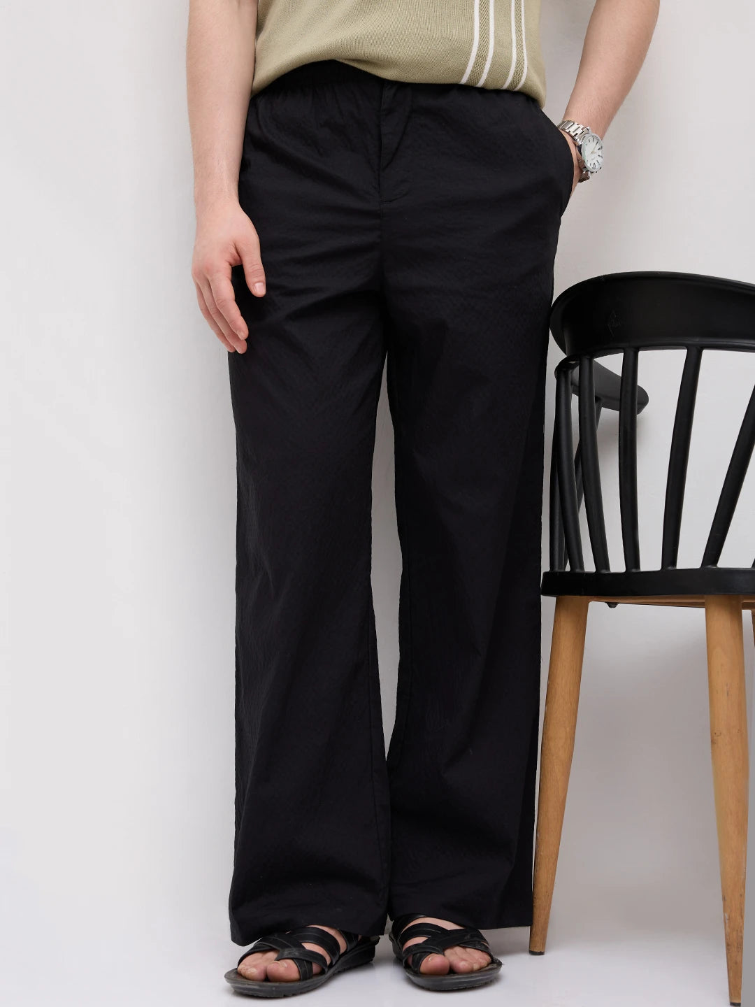 Black Fine Textured Wide Leg Trousers