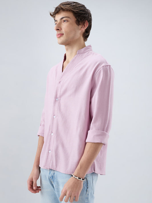 Powder Blush Pink Minimal Twill Textured Stand Collar Oversized Shirt