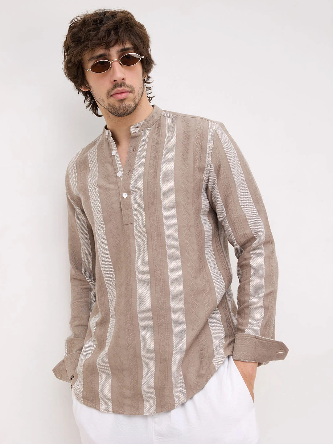 British Khaki Artisan Contrast Loom Striped Kurta