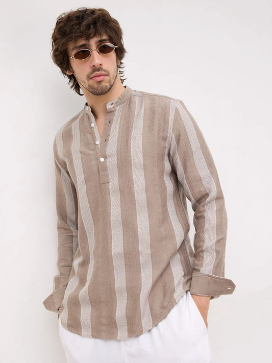 British Khaki Artisan Contrast Loom Striped Kurta