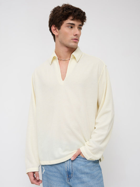 Butter Yellow Micro Weave Knitted Oversized Polo Shirt