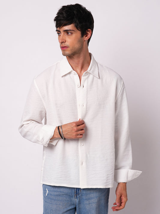 Snow White Crinkled Side-Slit Oversized Crop Shirt