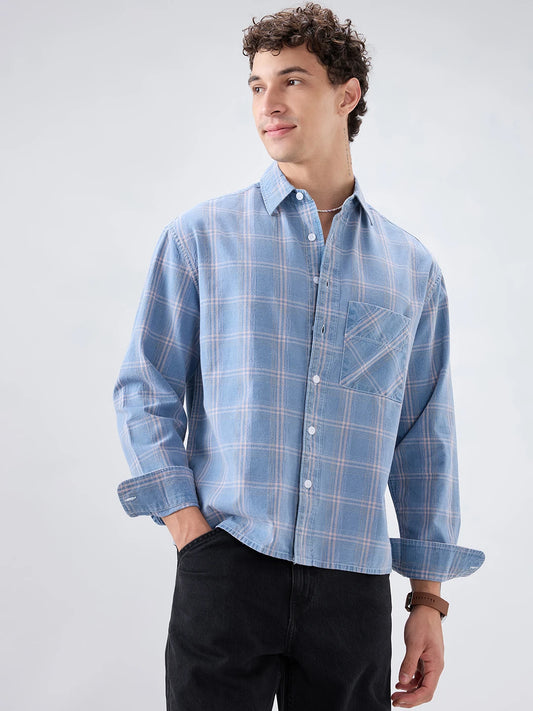 Denim Blue Multi Line Plaid Checks Boxy Fit Shirt