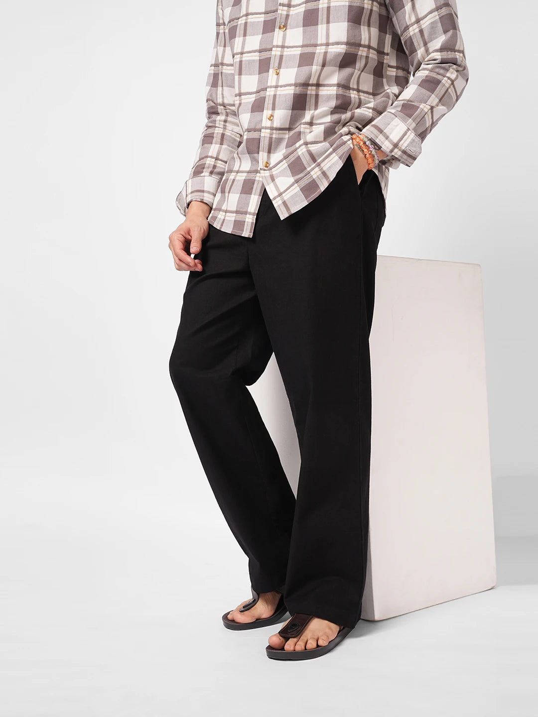 Timeless Black Slub Weave Straight Fit Trousers