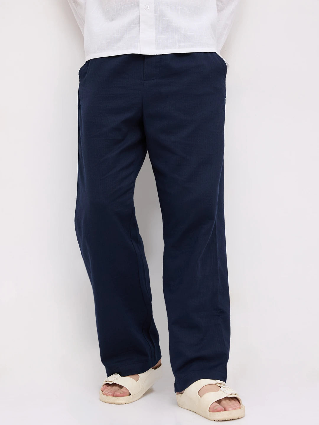 Navy Herringbone Textured Straight Fit Trousers