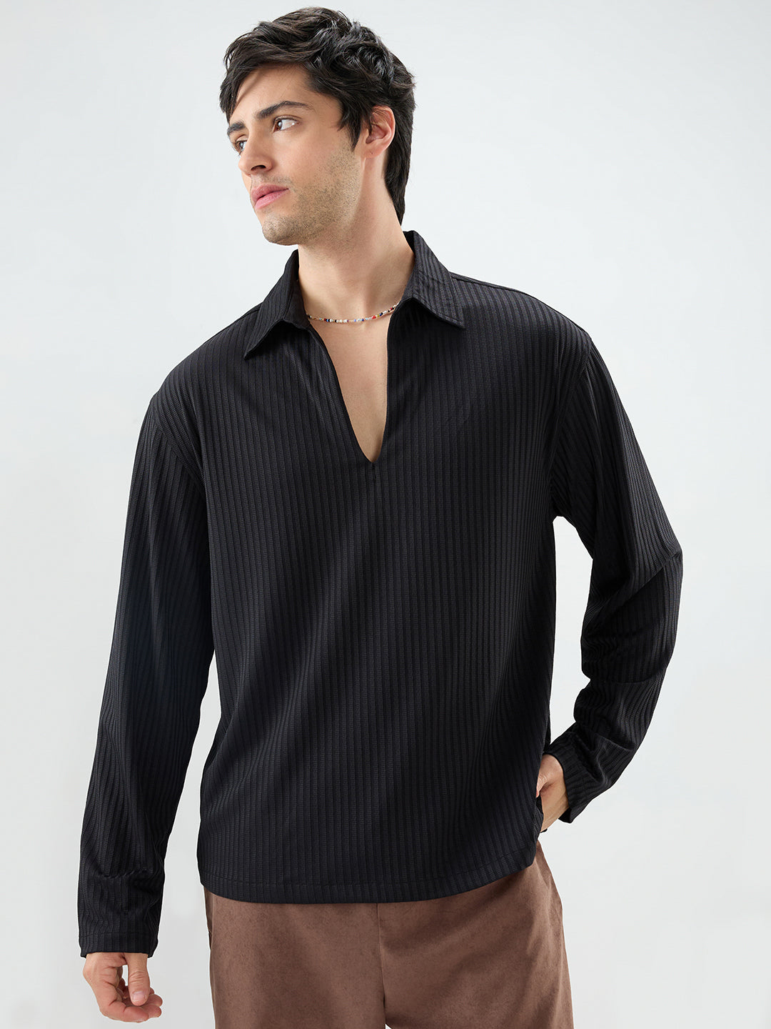 Black Dual Weave Striped Oversized Polo Knit Shirt