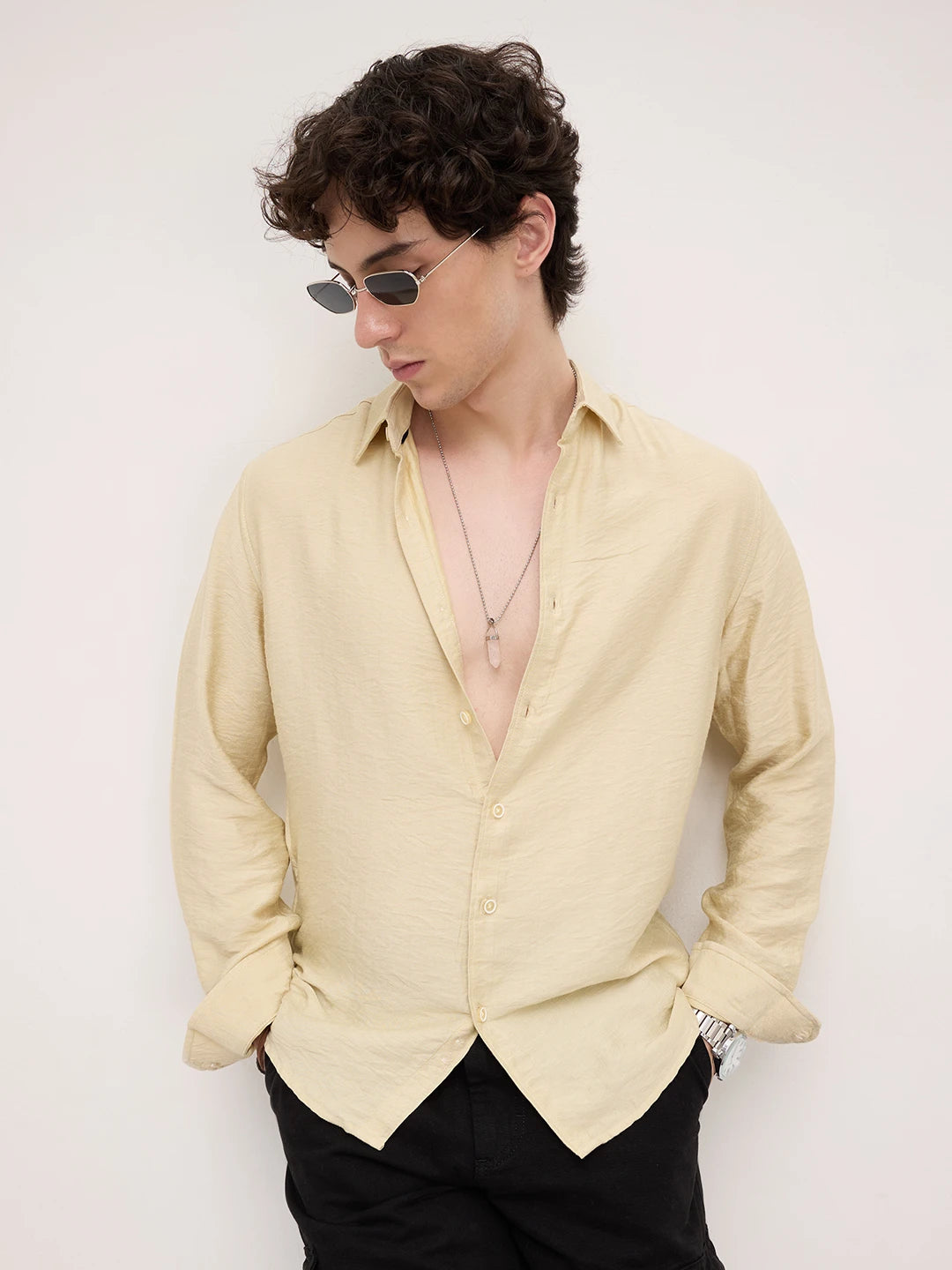 Golden Beige Lightweight Crinkled Shirt