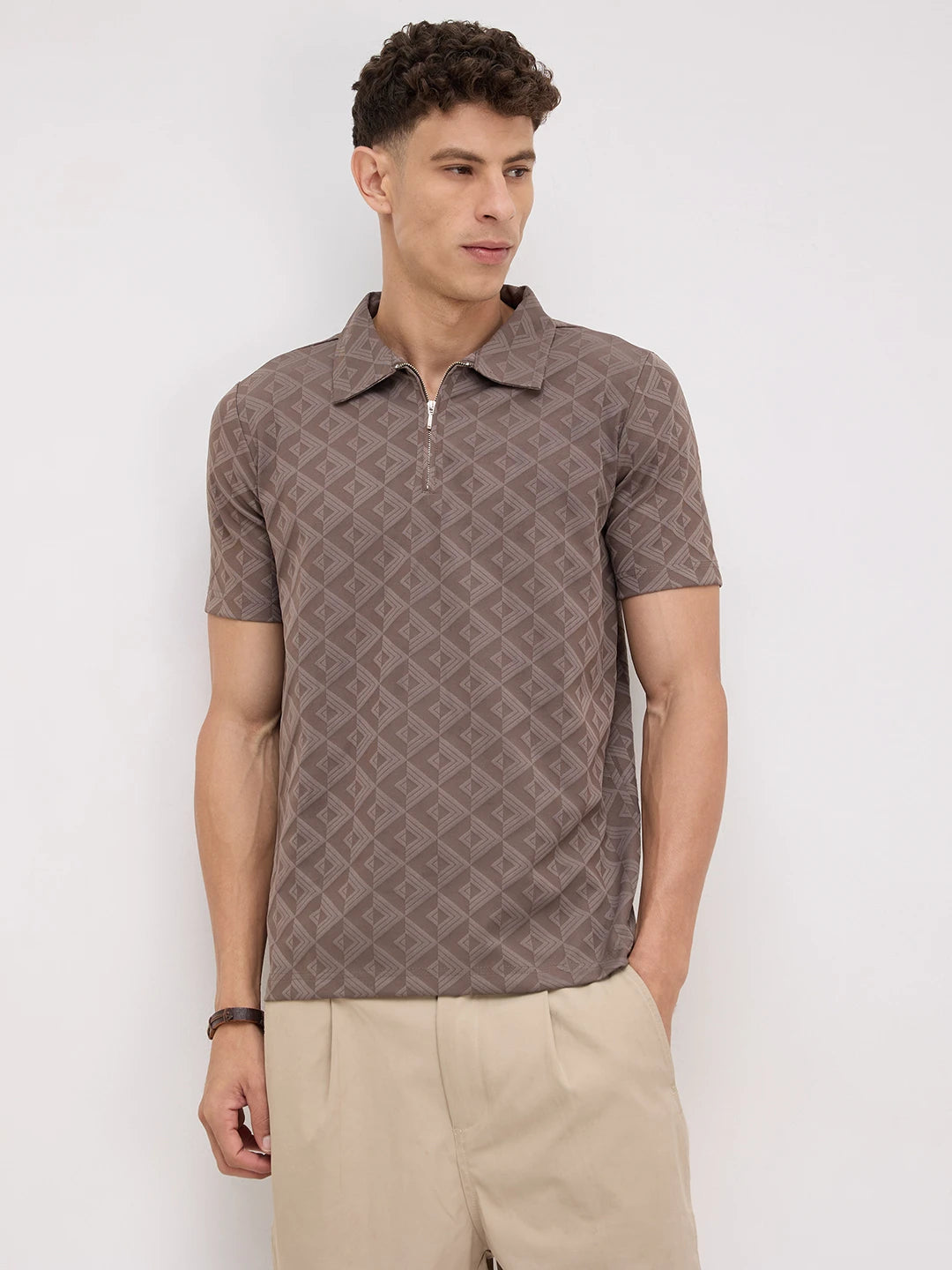 Cedar Brown Diamond Embossed Zip Polo Tee