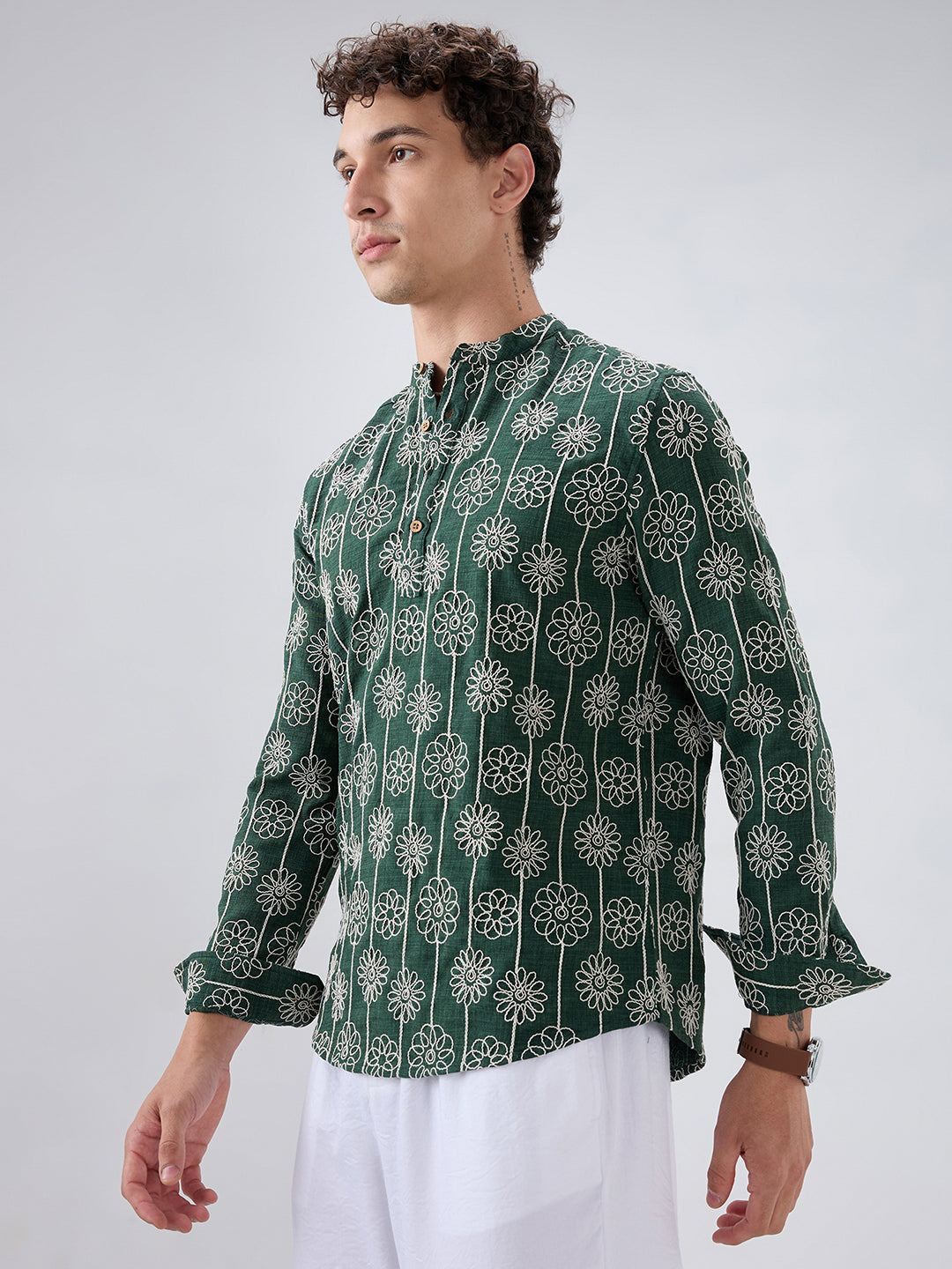 Emerald Green Floral Panel Embroidered Kurta